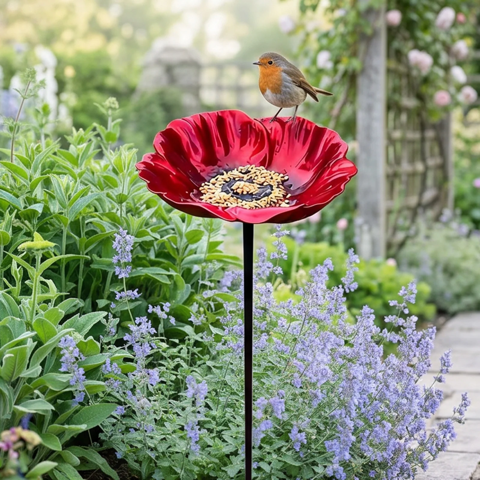 4 Pack Bee Watering Station Decorative Bowl Bird Bath Garden Stake Flower Colorful Lawn Stake for Outdoor Garden Yard Lawn Decor