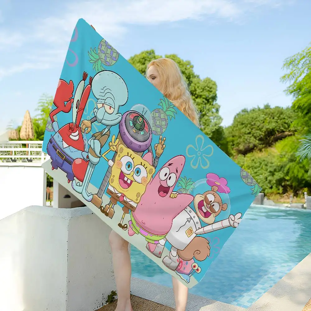 Anime S-SpongeBobes Cute Microfiber Blanket Quick Drying Beach Towels Oversized Printing Super Absorbent Pool Towel Blanket