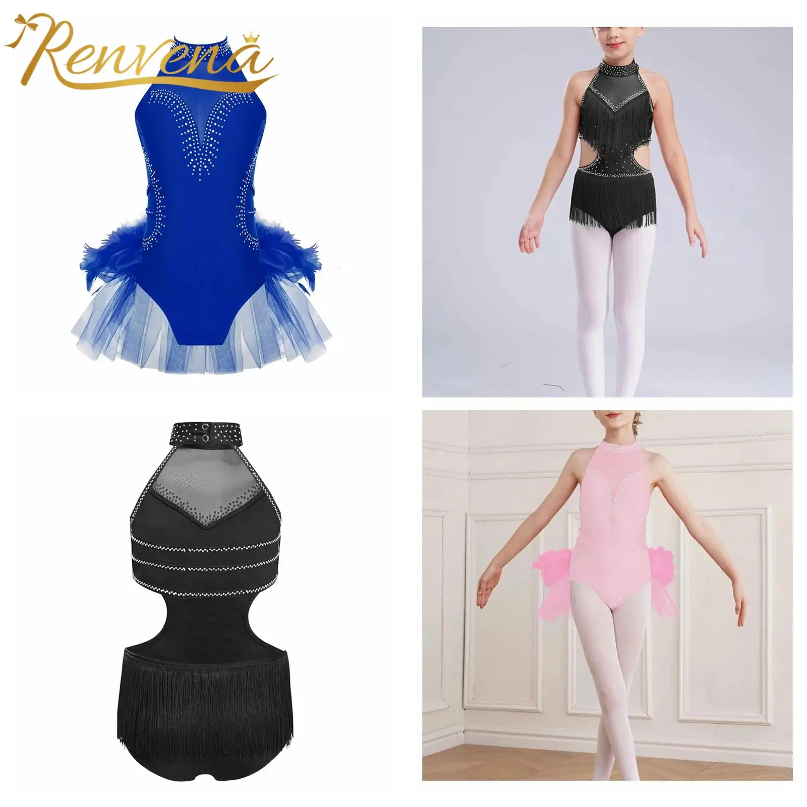 Kids Girls Tulle Skirted Bodysuit Dance Tassel Jumpsuit Rhythmic Gymnastics Leotard Ballet Tutu Children Performance Costume