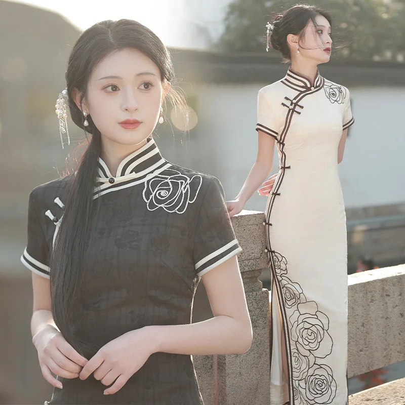 chinese-cheongsam-women-short-sleeve-traditional-vintage-dress-costumes-flower-embroidery-qipao