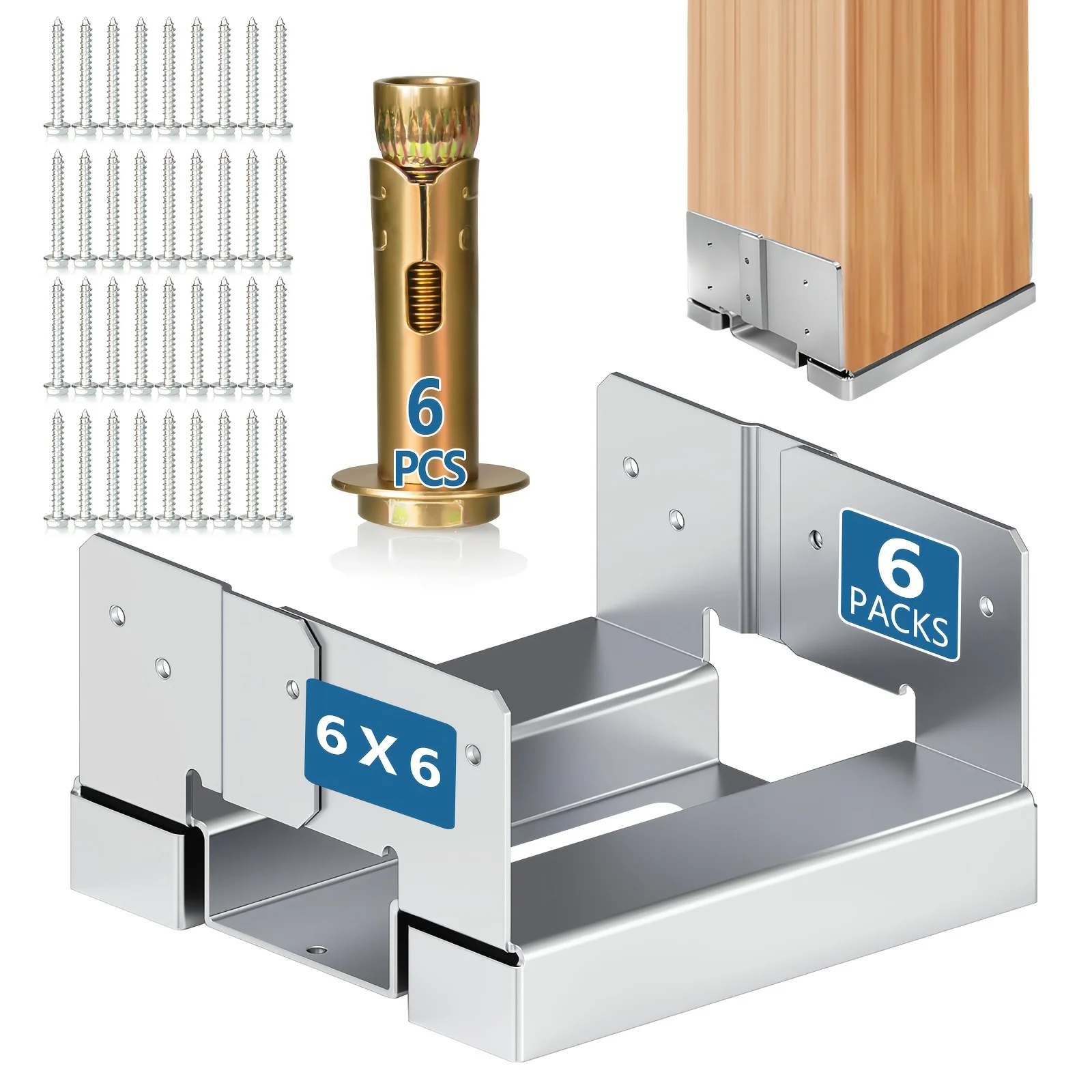 

6x6 Galvanized Post Base for Concrete, 6pcs Post Deck Base Anchor for 5.5x5.5 Wood, Post Base Holder with 1" Standoff for Deck Gazebo Pergola Porch, Includes 6 Fastener & 60 Screws