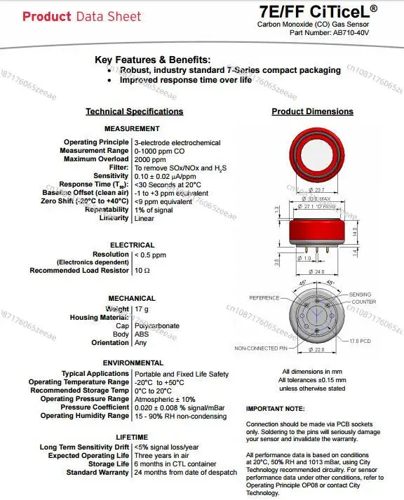 7EFF  7E/FF   CiTiceL Carbon Monoxide (CO) Gas Sensor AB710-40V