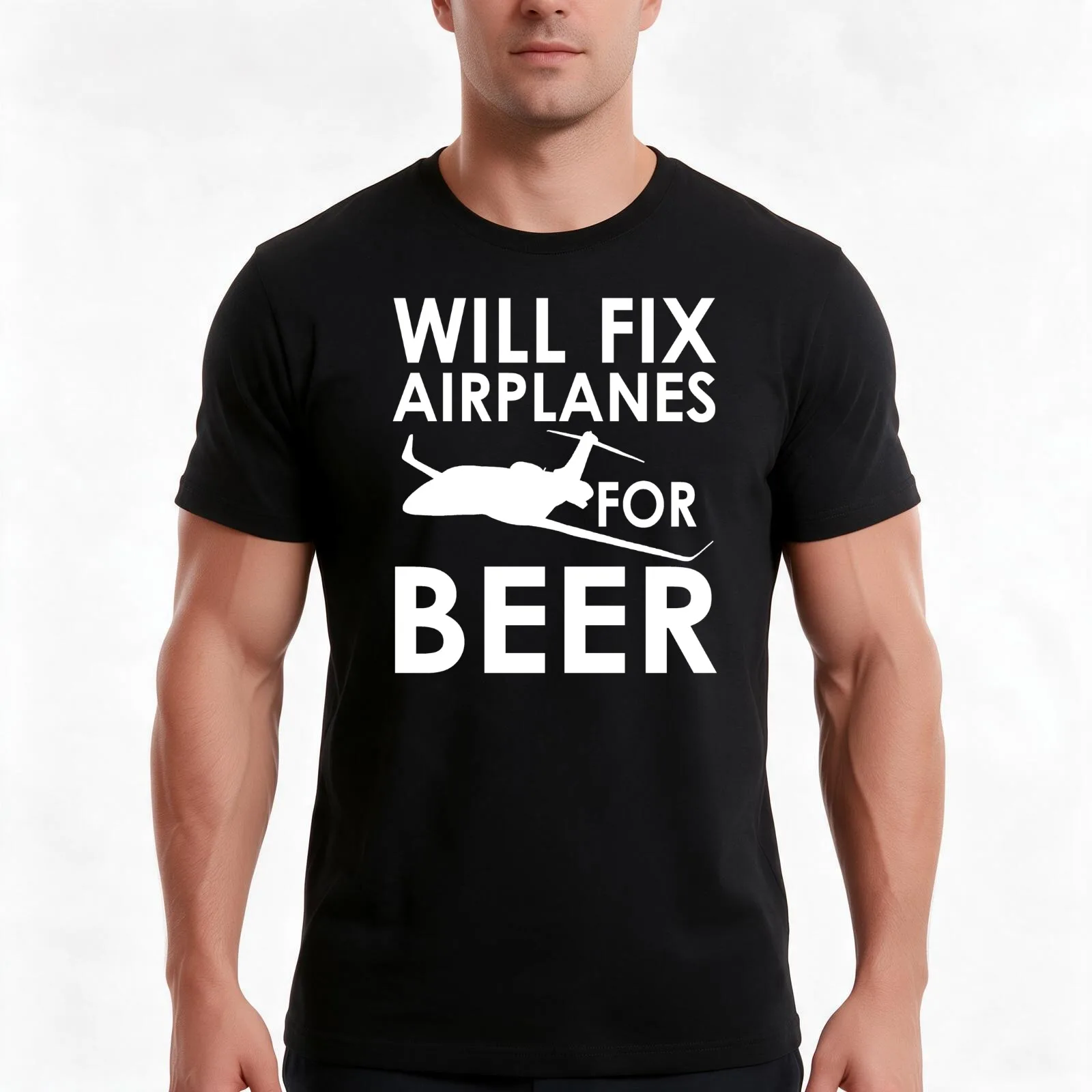Will Fix Airplanes for Beer, White text T-Shirt, Summer Casual Cotton Tee, Oversized Streetwear Tops, Vintage Graphic Print