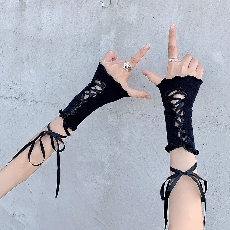 Y2K Women Lolita Jk Lace Sleeves Elastic Mesh Punk Gloves Gothic Black White Sexy Strapping Sunscreen Sleeve Elastic Arm Warmers