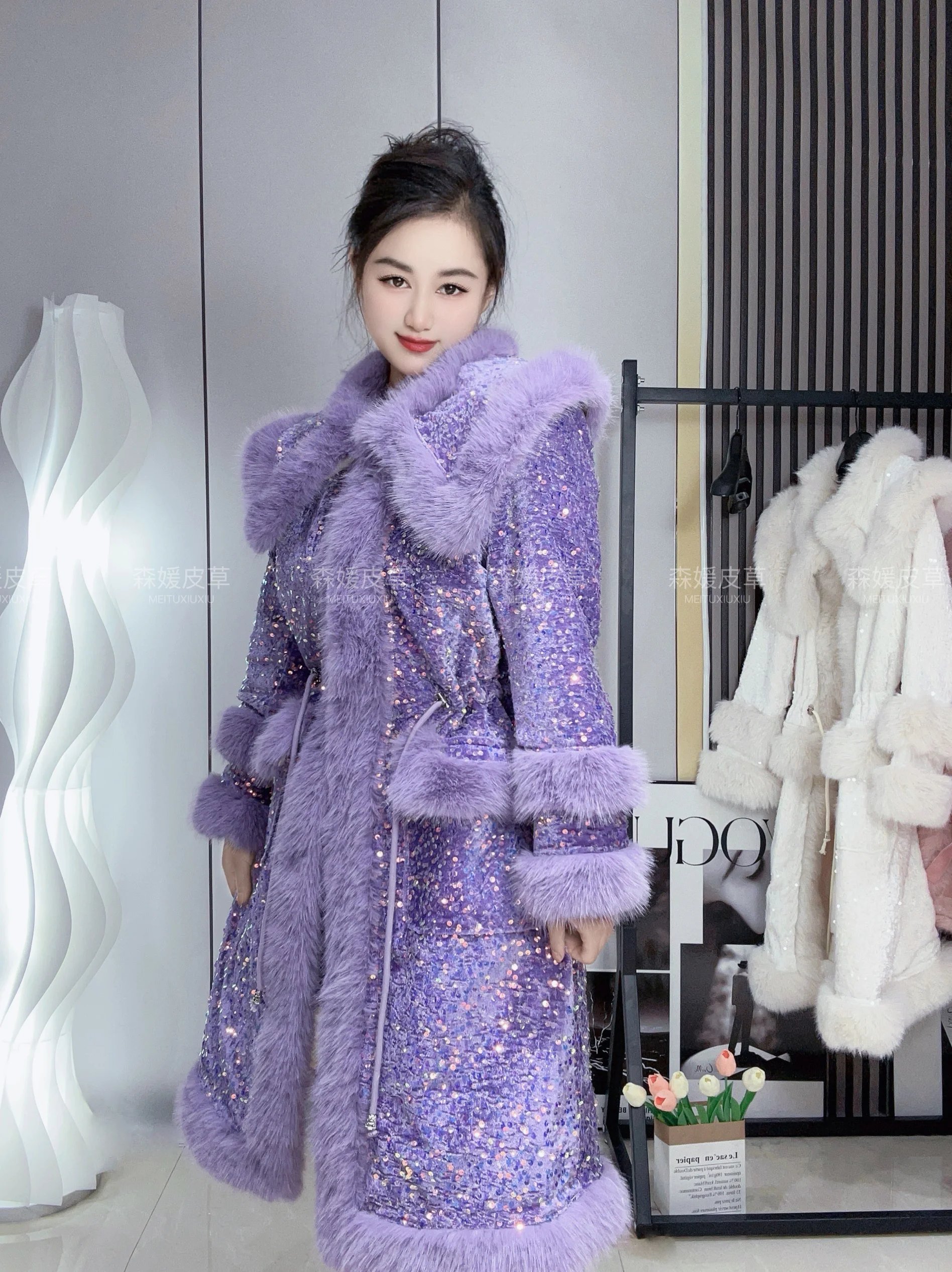 2024 Winter New Sequined Long Jackets Women's Imitation Fur Coat Big Fur Collar Thickened Sweet Warm Long-sleeve Women's Clothes