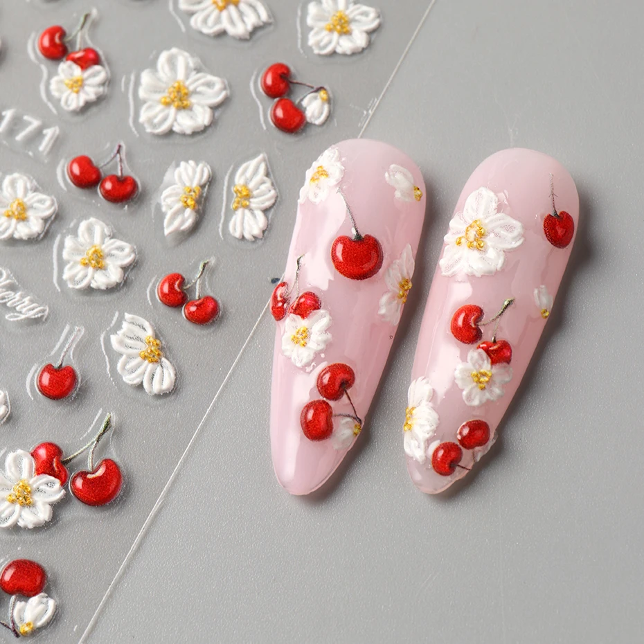 5D Geprägte Elegante Kirschfrucht-Nagelaufkleber Frühlings-Weiße Blumen Selbstklebende Nagelsticker Hochzeitssaison Nageldekoration – Detail 4