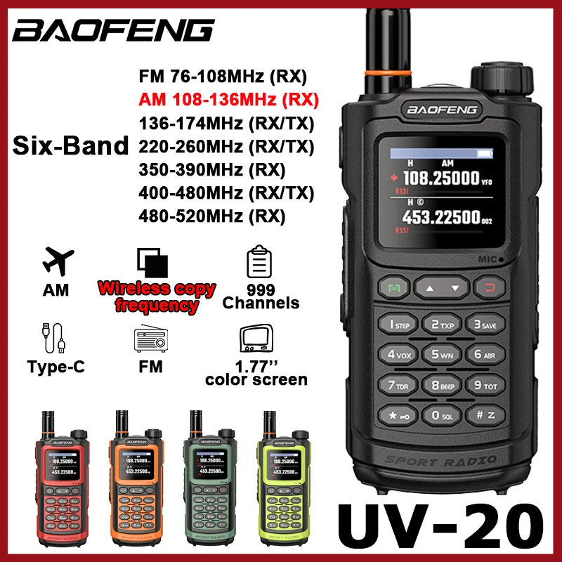 Baofeng UV-20 Walkie Talkie Full Band AM FM Wireless Copy Frequency Type-C 999CH VHF UHF Long Range Ham 2Way Radio UV-G30 Pro V1