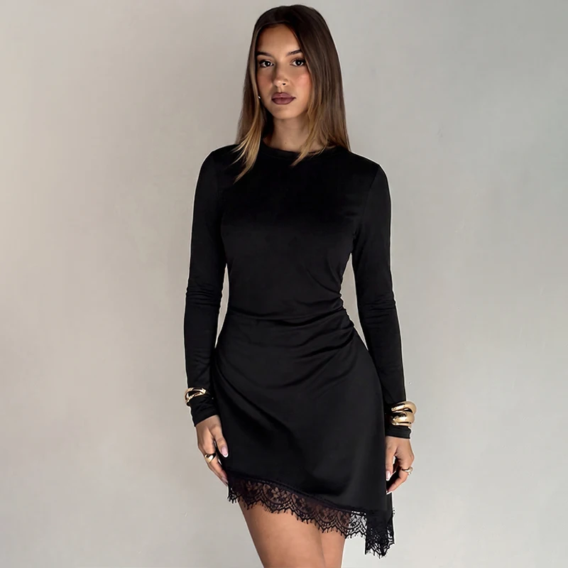 Hugcitar Damenmode Langarm Einfarbiges Patchwork-Spitzenkleid Sexy Unregelmäßiges Minikleid Herbstkleidung Streetwear Party Urlaub – Detail 20