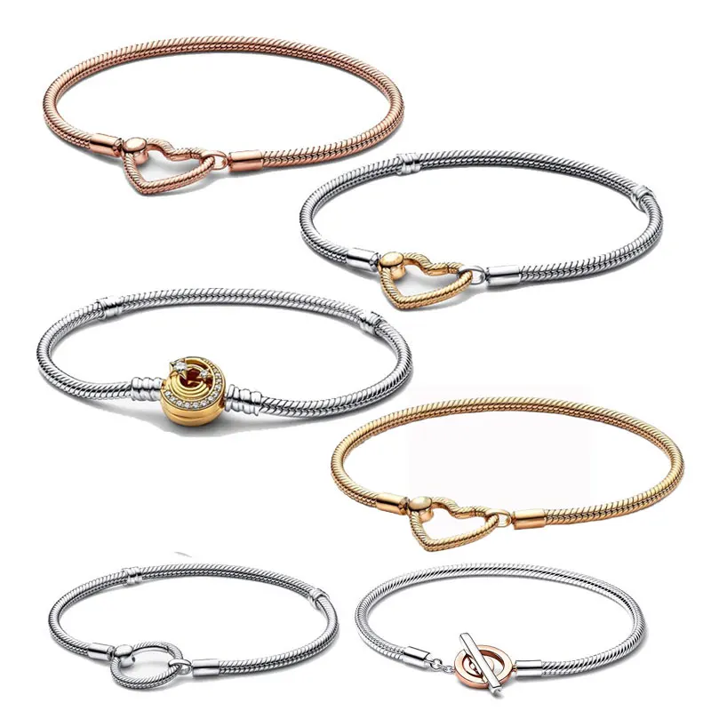 PANDORA S925 Silver Jewelry Two-tone Logo T-bar Moments Heart Closure Snake Chain Bracelet For Original Women Men Charms DIY