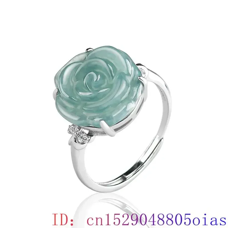 Blauwe Echte Jadeite Rose Sieraden Set Ring Oorbellen Hanger 925 Zilver Natuurlijke Burmese Jade Steen Talismannen