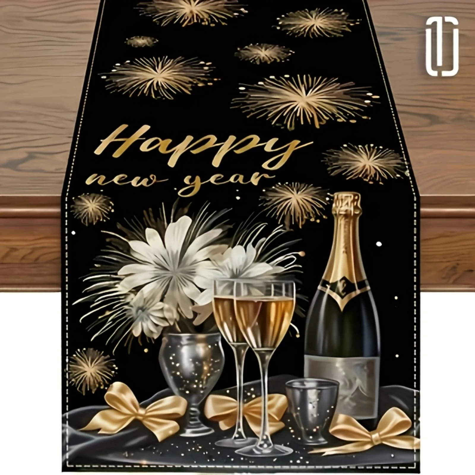

New Year Table Runner Sparkling Fireworks Champagne & Golden Bow Print Kitchen Dining Decor Christmas Table Decorations