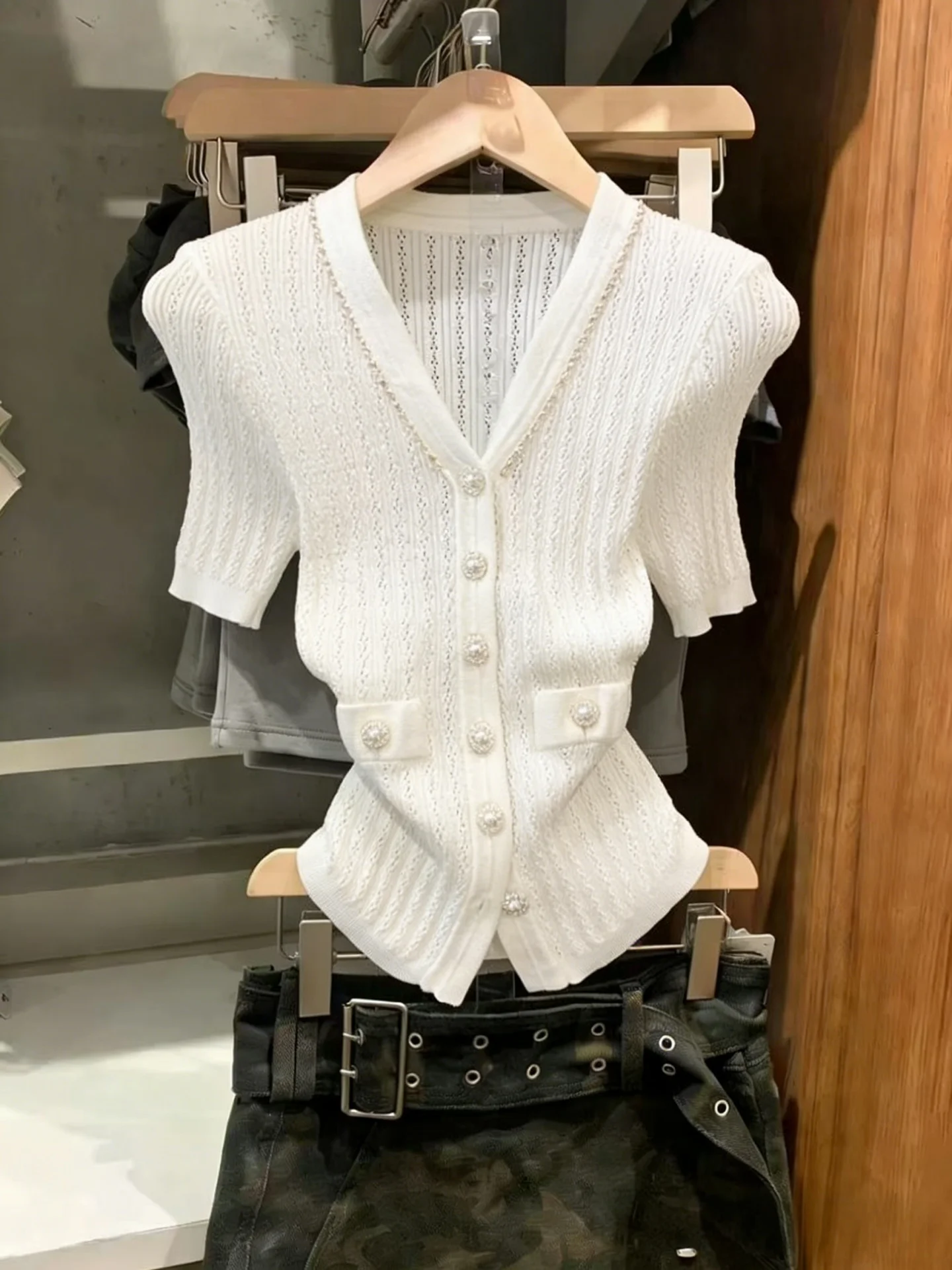 Lightweight Short Sleeve Knitted Open Cardigan Women's Summer Slimming Top V-Neck Hollow out Design Heavy Embellishment