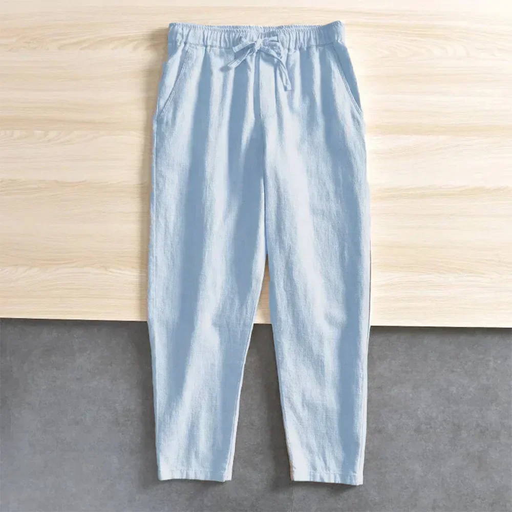 

Мужские летние повседневные брюки из хлопка и льна 2026 года: свободные, уличные, спортивные, с завязками, карманами, однотонные, прямого кроя