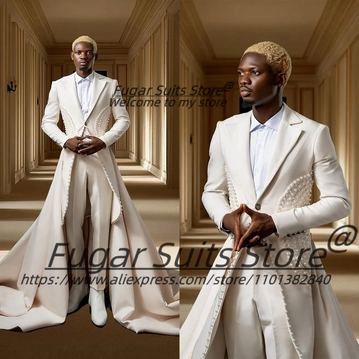 Luxurious Shiny Pearl Long Men Suits Customized Slim Fit Notched Lapel Groom Wedding Tuxedos 2 Pieces Sets Prom Costume Homme