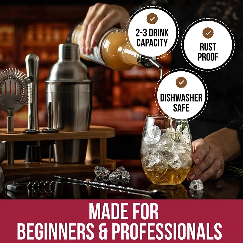 Complete Home Martini Making Kit, 13Pcs Stainless Steel Boston Cocktail Shaker Full Bartender Tools With Detachable Wooden Stand