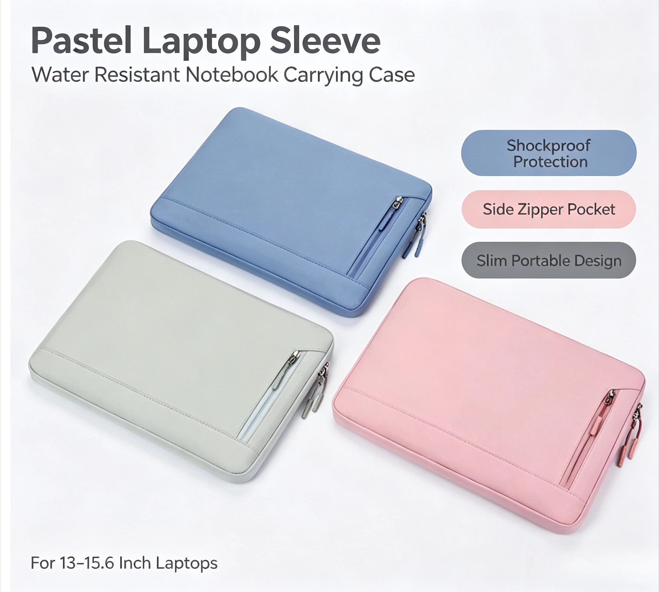 Slim Laptop Sleeve, Cute Pastel Color Waterproof Notebook Bag with Zipper Pocket,  for 13.3/14/15.6 inch Laptop & Tablet