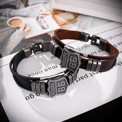 New Punk Usa Route 66 Mother's Road Leather Bracelet for Men Alloy Retro Multilayer Hand Jewelry 2021 Personality Accessories