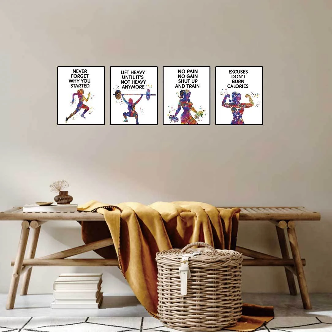 4Pcs Women Fitness Motivational Metal Tin Signs, Colorful Watercolor Gym Slogan Iron Plaque, Inspirational Workout Wall Decor