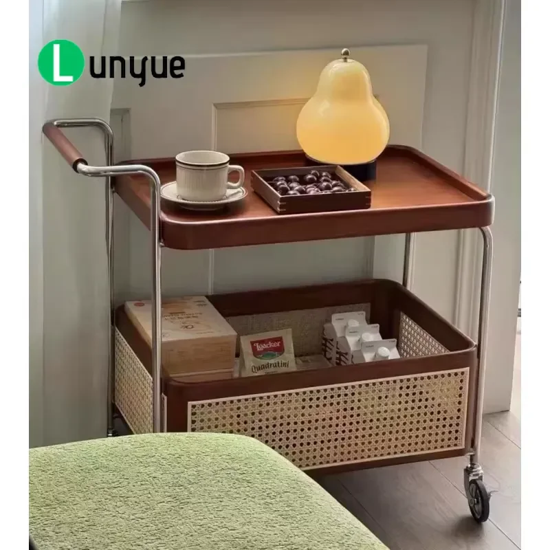 Solid Wood Double Layer Rolling Coffee Table Cart with Storage Space Elegant Modern Design for Living Room Kitchen Bathroom