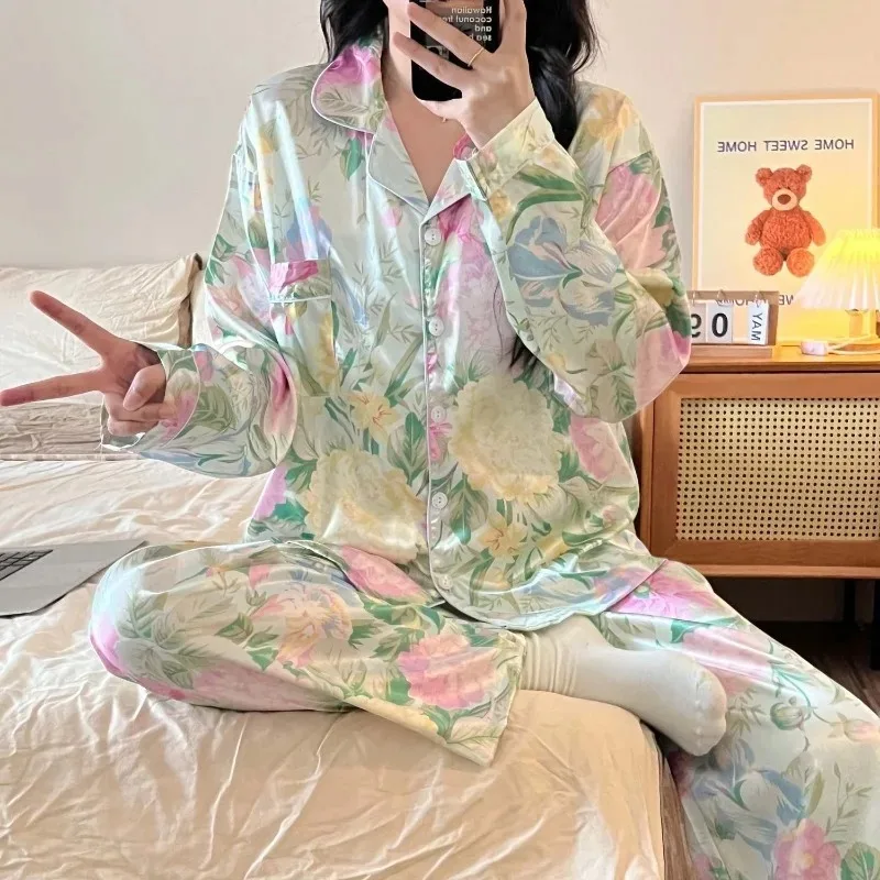 

High Quality Pajamas Women Spring Autumn V-neck Sleepwear Japanese Thin Ice Silk Loungewear Long Sleeved Homewear Dormitory Set