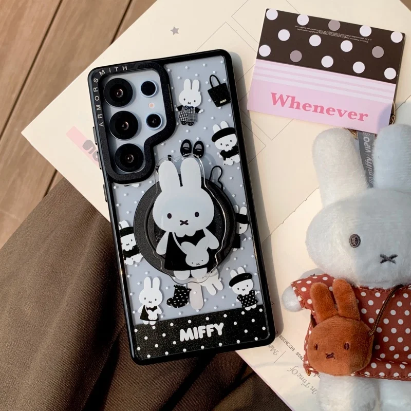 Cute Black Miffy polka dot Magnetic Magsafe Phone Case For Samsung S23 S24 S25 S26 Ultra S26 Plus cartoon rotate Holder Cover ﻿