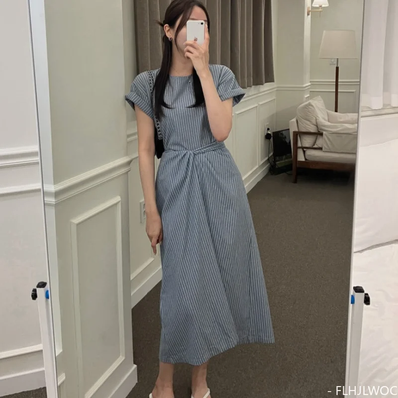 Gaun kemeja bergaris gaun desain baru lucu gaya Jepang gadis wanita Chic Korea lengan pendek Retro Vintage palsu panjang dua potong