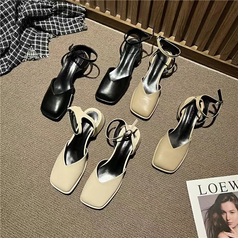 Design Summer Hollow Out PureColor Sandals Woman Non Slip Casual Elegant Shoes Beach Korean Style Buckle Medium Heels Shoes Slim