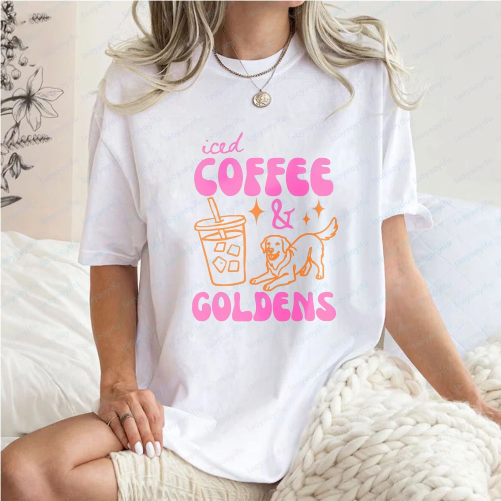 Cute Golden Retriever Cotton Tee Coffee & Goldens T-Shirt for Women Pet Parent Streetwear Coffee Lover Gift Summer Dog Mom Shirt
