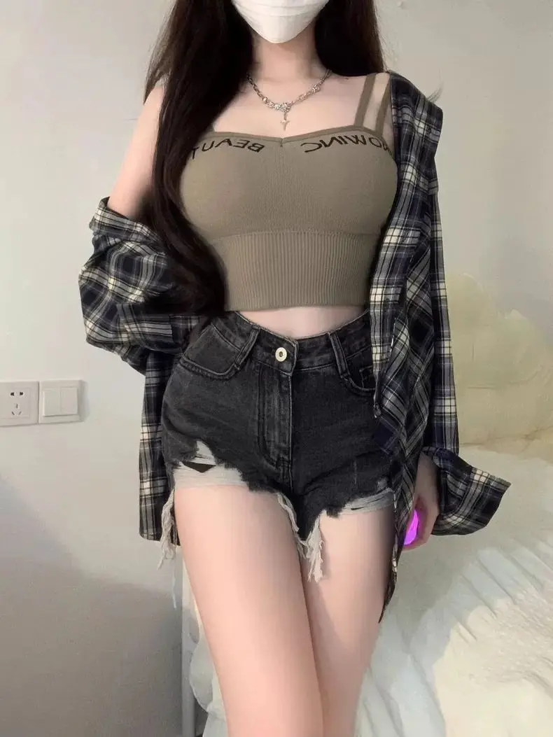 Zerrissene Denim-Shorts zum Waschen für Damen American High Street Schwarz Grau