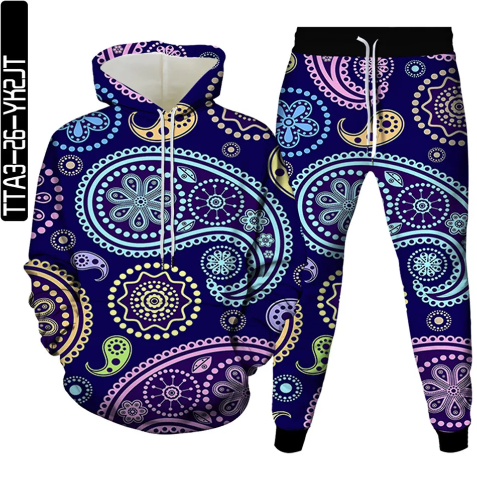 Women Sweat Suit Fall Tracksuits Sets Paisley Casual 2 Pieces Vintage Map Sportwear Hoody Sweatshirt Top+Sweatpants Men Clothing