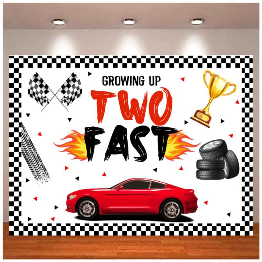 Photography Backdrop Grow Up Two Fast Racing Car Red Black White Grid Boy Birthday Party Decor Supplies Photo Background Banner