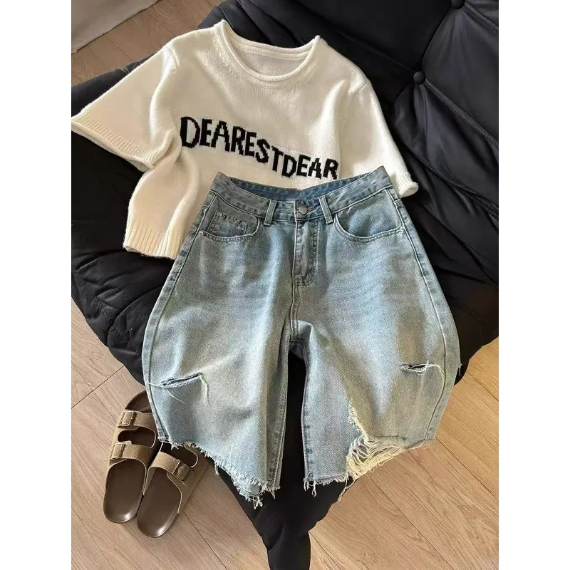 2026 New Plus Size Ripped Five-Point Denim Shorts for Women, High Waist, Loose, Slimming Straight-Leg Wide-Leg Mid-Length Pants