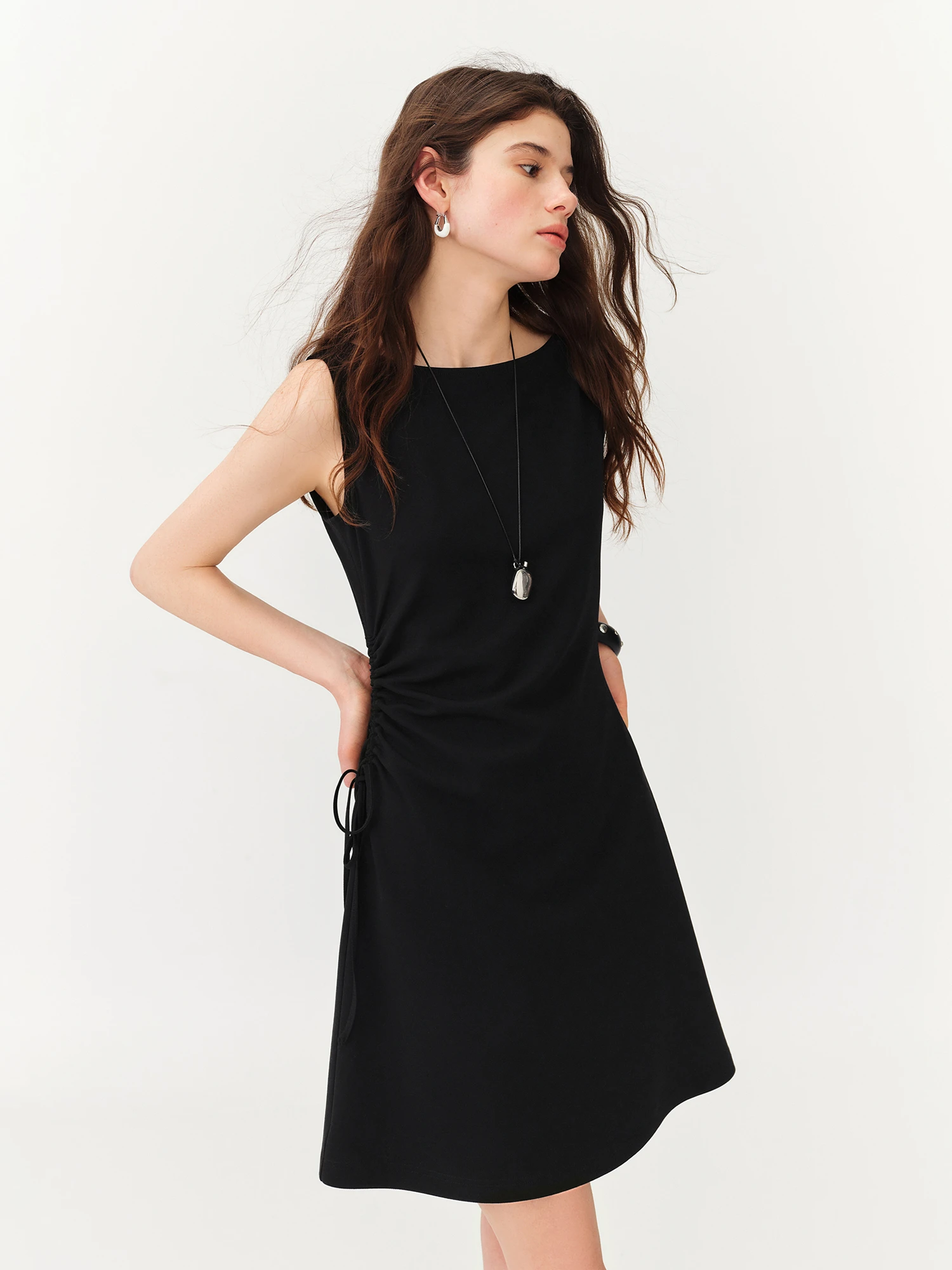 FSLE Sweet Cool Style Drawstring Waist Sleeveless Slimming A-line O-neck Black Mini Dress 2026 Summer New Korean Style Women
