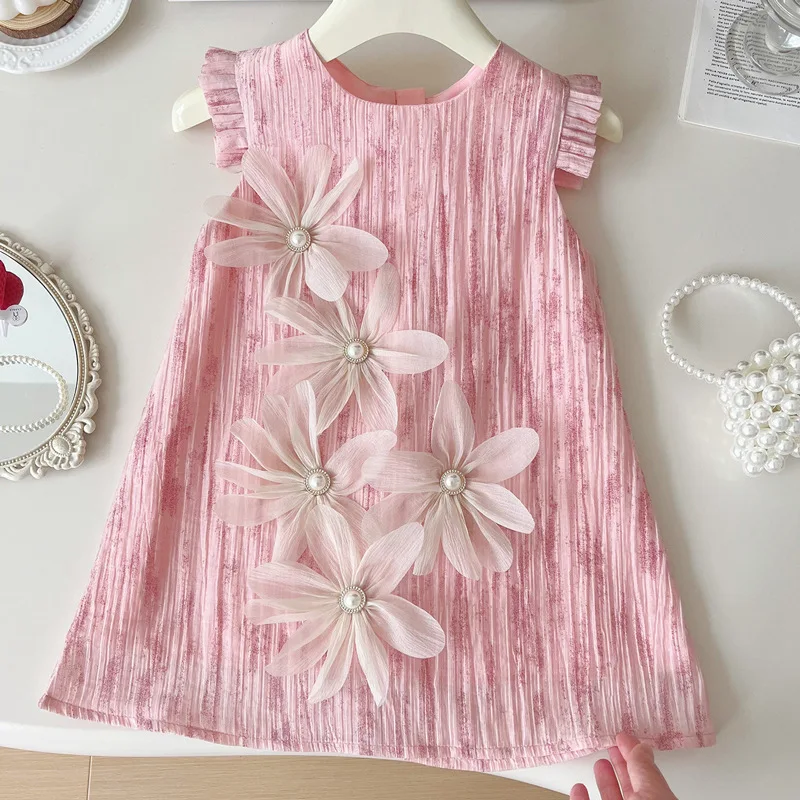 

Girls' Princess Dress Summer2024New Western Style Vest Skirt Little Girl Three-Dimensional Flowers Puff Sleeve Dress Tide