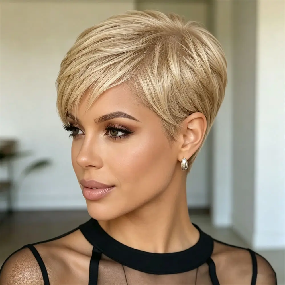 Short Layered Pixie Cut Wigs For Women Natural Style Human Hair Full Machine Made With Bangs Halloween Cosplay Daily Party Wear