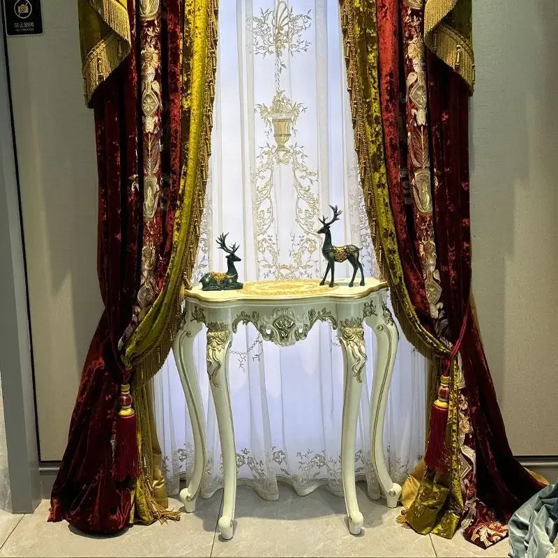 Villa Customization European Style Wine Red Extremely Glossy Velvet Embroidered Patchwork Curtains For Living Room Bedroom