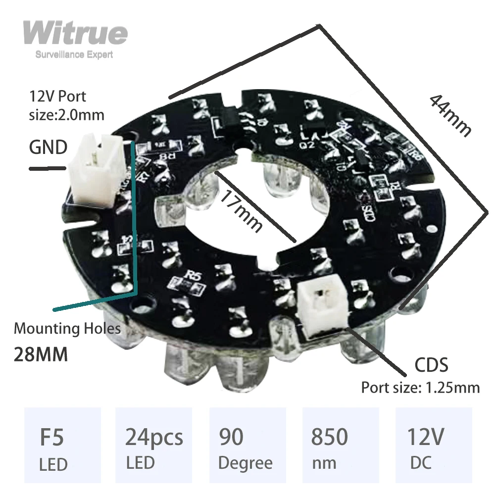 Witrue IR LED Board 24 Grain 850nm 90 Degree Diameter 44MM CCTV Accessoriesfor Surveillance Security Cameras