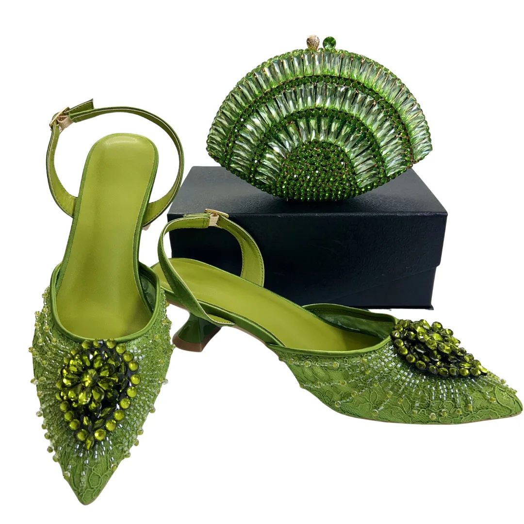 

LNATISNOVA: Комплект из итальянских туфель на высоком каблуке цвета оливковый с бриллиантами и сумки для женщин, для свадеб, с кристаллами, босоножки на высоком каблуке