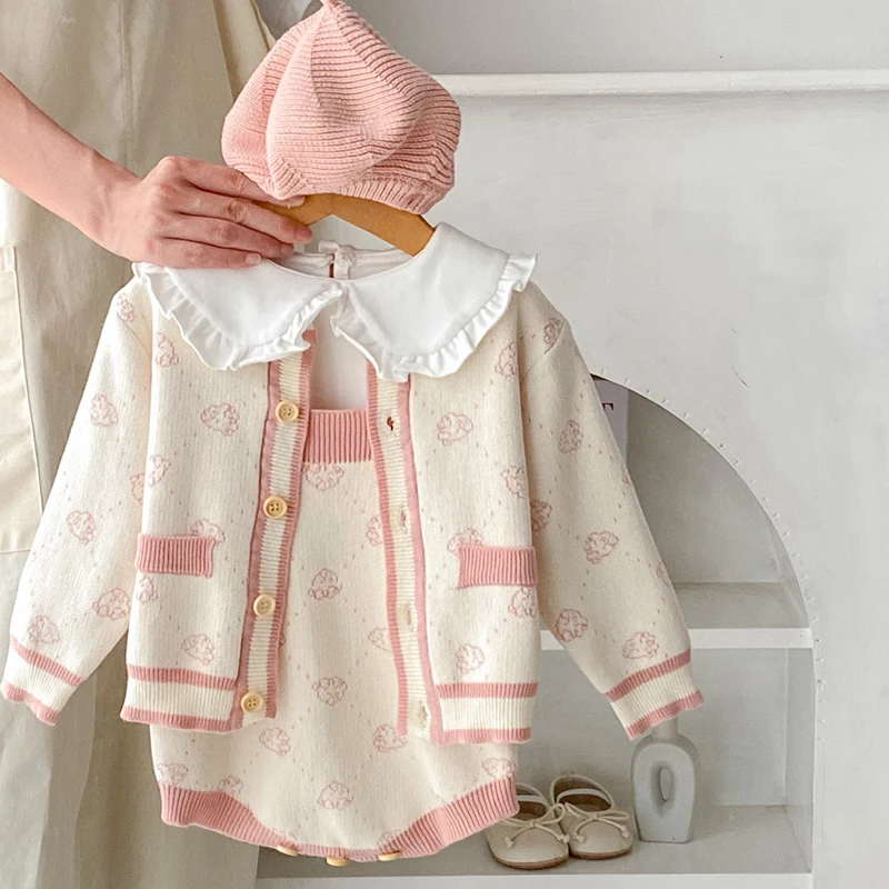 Newborn Baby Girls Clothing Suit Long Sleeved Knitted Printing Cardigan Coat+Rompers Autumn Spring Baby Girls Clothes Set