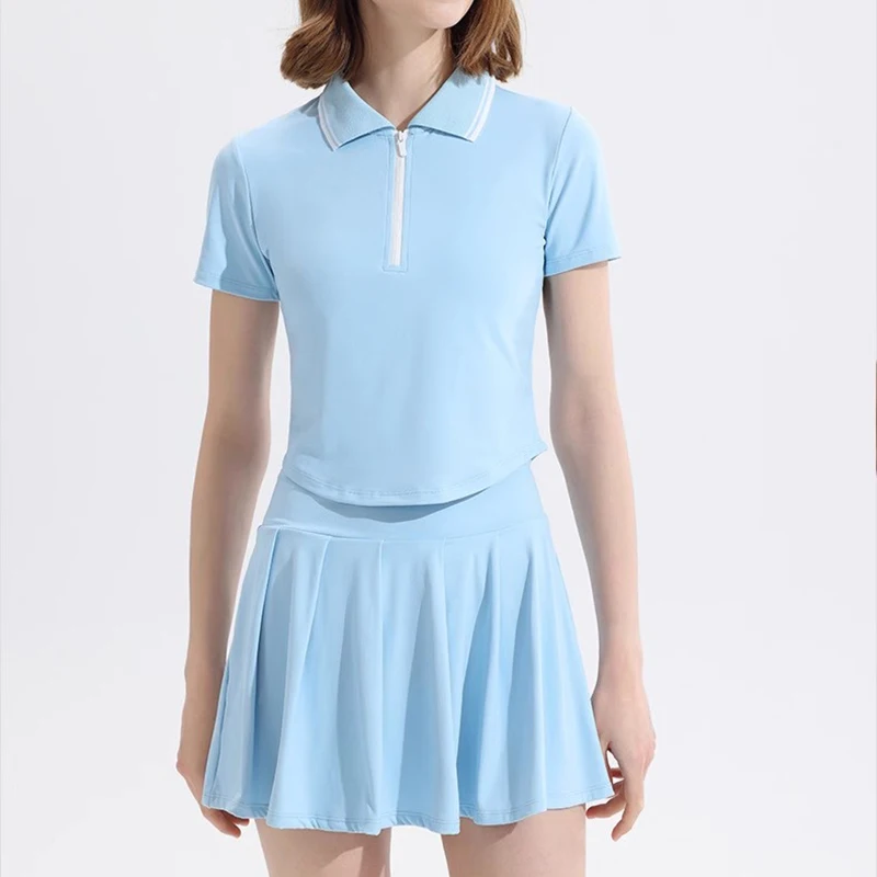 Novo conjunto de terno de tênis de verão feminino, camisa polo curta, top esportivo de manga curta emparelhado com calças de saia plissada antirreflexo