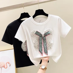 Women Clothing Sweet T-shirts Patchwork beading Bow Summer Tshirts 2023 Ropa Mujer Loose Casual Fashion Korean Y2k T Shirt chic