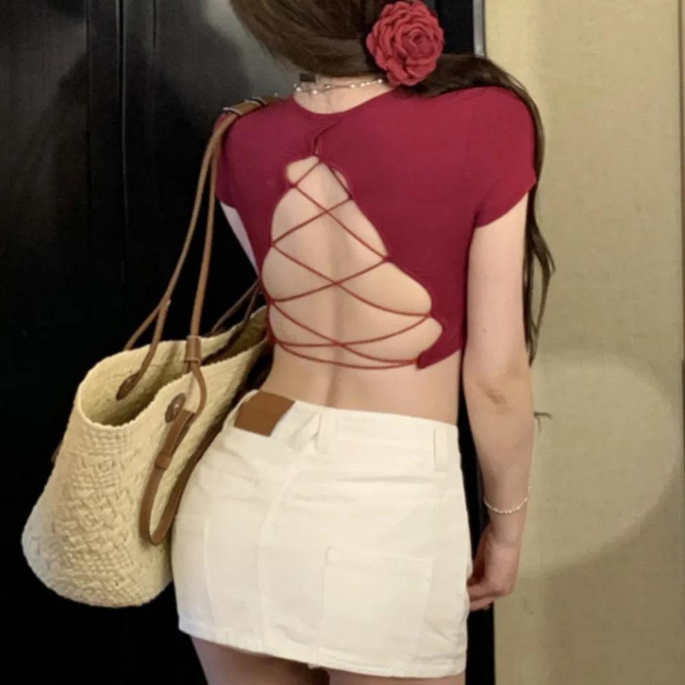 

Sexy Womens Cropped T Shirt Lace up Cropped Backless Short Sleeve Pure Y2K Top Summer Cute Hollow Out Tee T Shirt