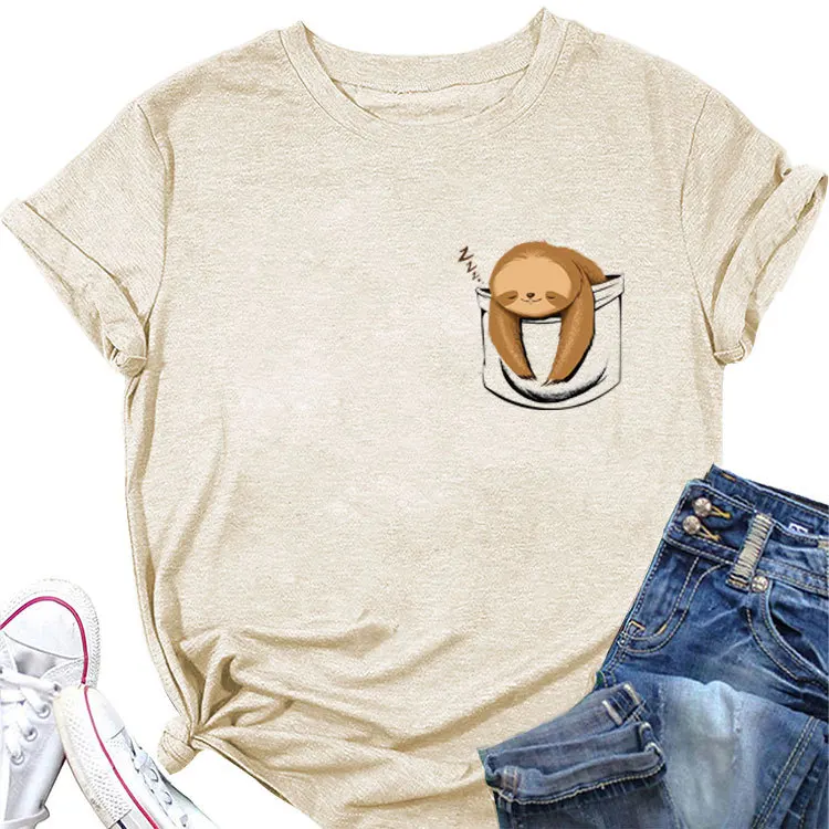 

Summer new round neck short sleeve T-shirt sloth pocket print loose fashion casual top