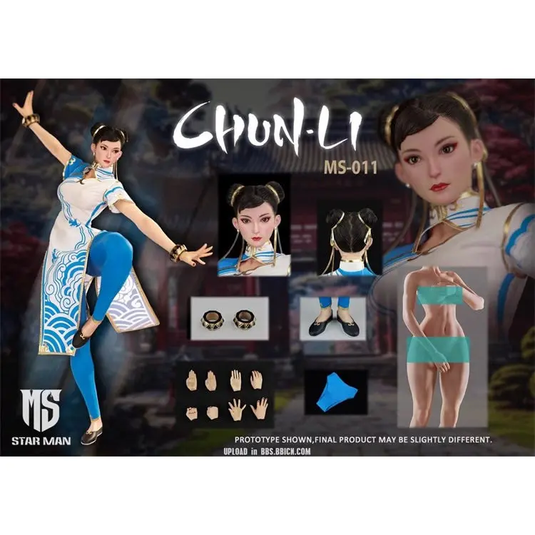 Star Man 1/6 Scale Female Fighter Chun-Li Action Figure Ms-011 Blue Cloud Pattern White Cheongsam Collectible  In Stock