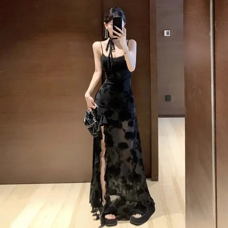 Vestido Halter de Jacquard de encaje negro para mujer Y2K, vestido Sexy de verano con abertura de longitud media y cintura alta con tirantes finos, vestido ajustado con camisola 2025