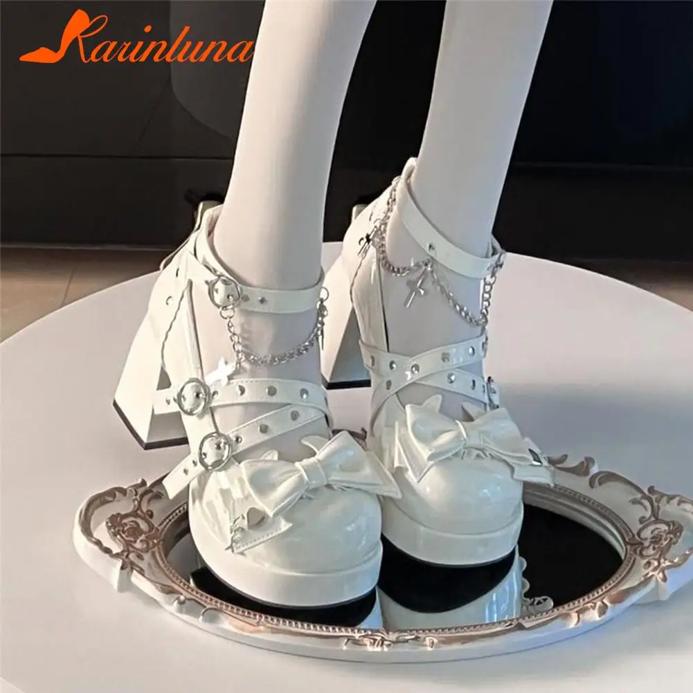 KarinLuna Summer 2023 New Fashion Lolita Pumps Thick High Heeled Mary Janes Shoes Punk Goth Shoes Bownot Buckle Strap Pumps