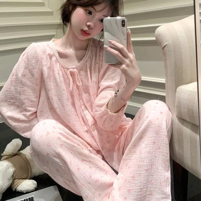 Sweet Cute Teen Spring and Autumn New Pajamas Lace Edge Women's Floral Long Sleeve Pants Home Clothes Student Set Comfortable