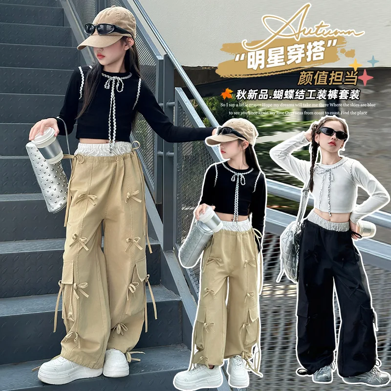 

New Girls Work Pants Spring/Autumn Color blocked Loose Wide Leg Street Style Pants Casual Fashion Versatile Bow Childrens Pants