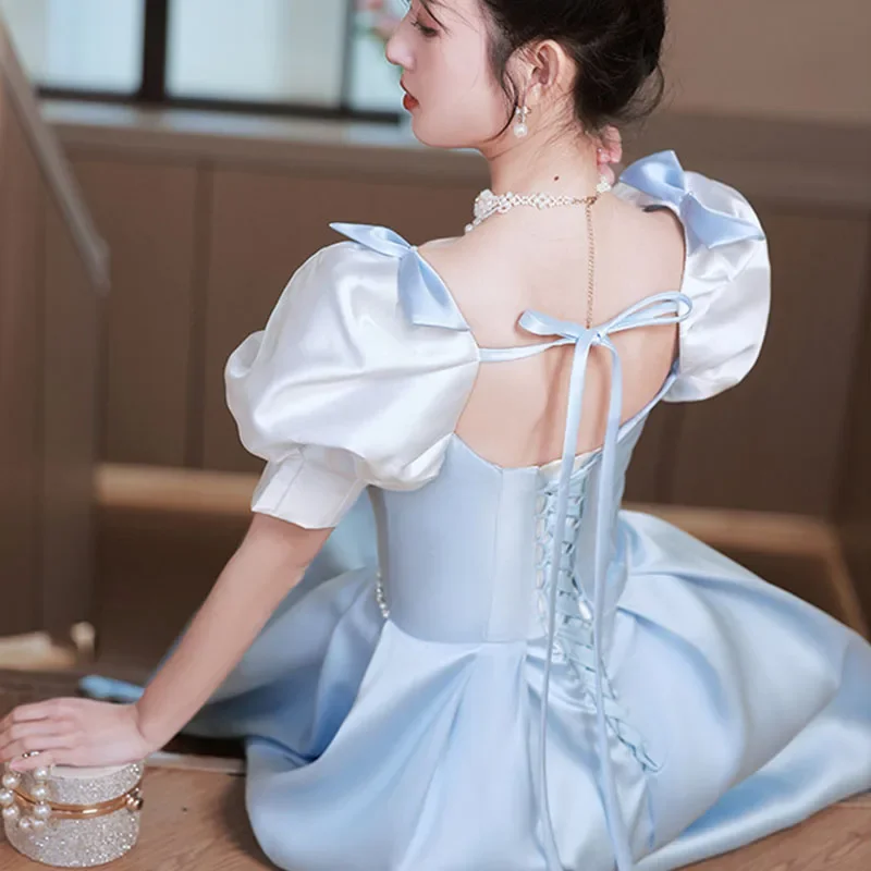뒷면에 리본 장식이 있는 블루 럭셔리 이브닝 드레스, 성인식 연회 생일 파티 정장 드레스 2025