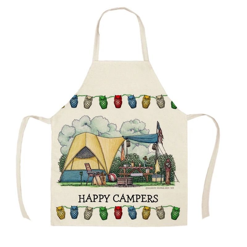 Kitchen Apron Sketch Happy Camping RV Camper Car Printed Home Clean Cooking accessories Anti-fouling Sleeveless Bib
